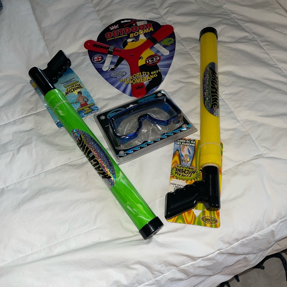 Neon Yellow & Lime Green Water Blasters with Blue Swim Goggles and Red Boomerang